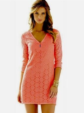 Lilly Pulitzer‎ Lamora Coral Crochet Tunic Dress V-Neck 3/4 Sleeves Size Large